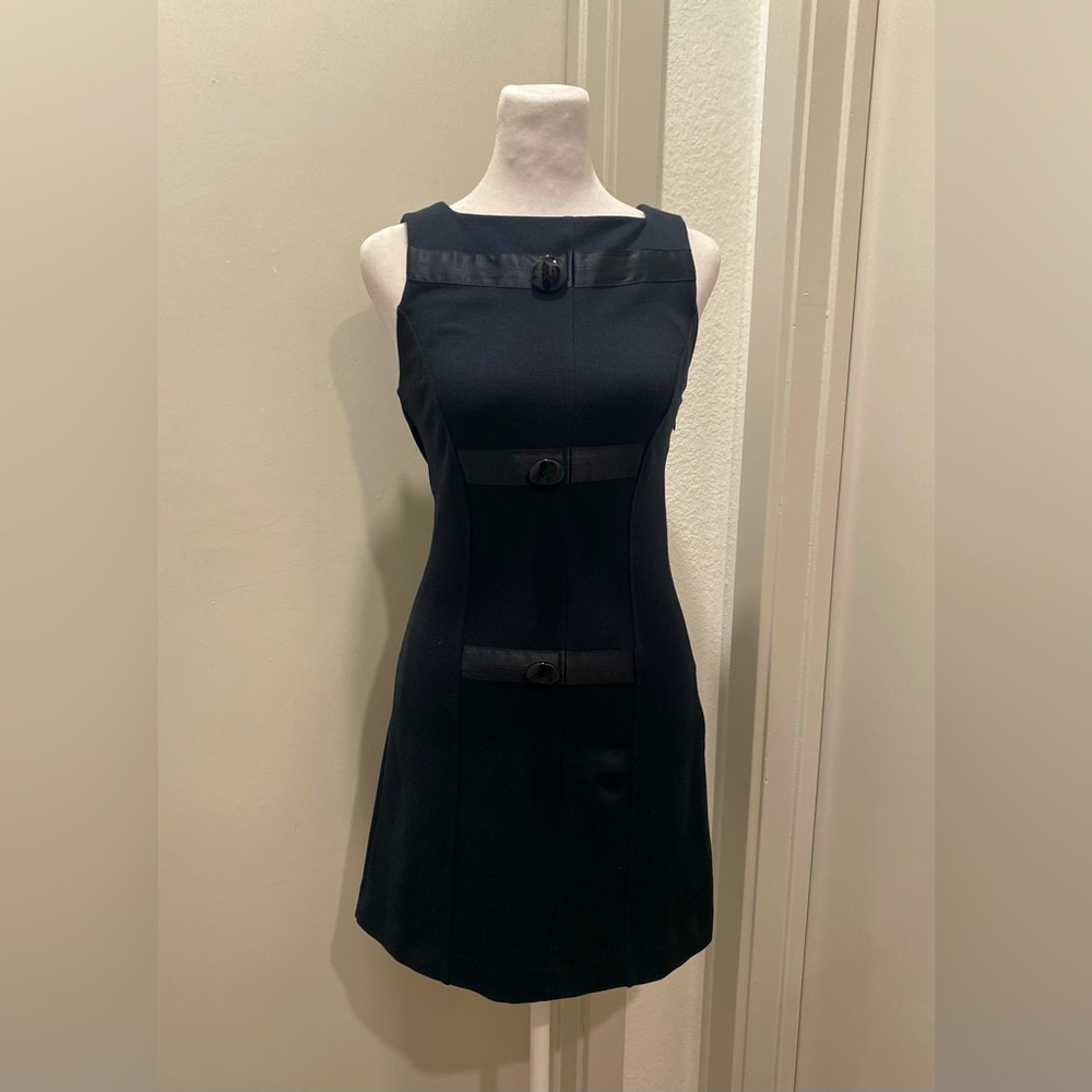 Bebe Black Square Neck Sleeveless Mini Dress With Front Buttons & Silk Details